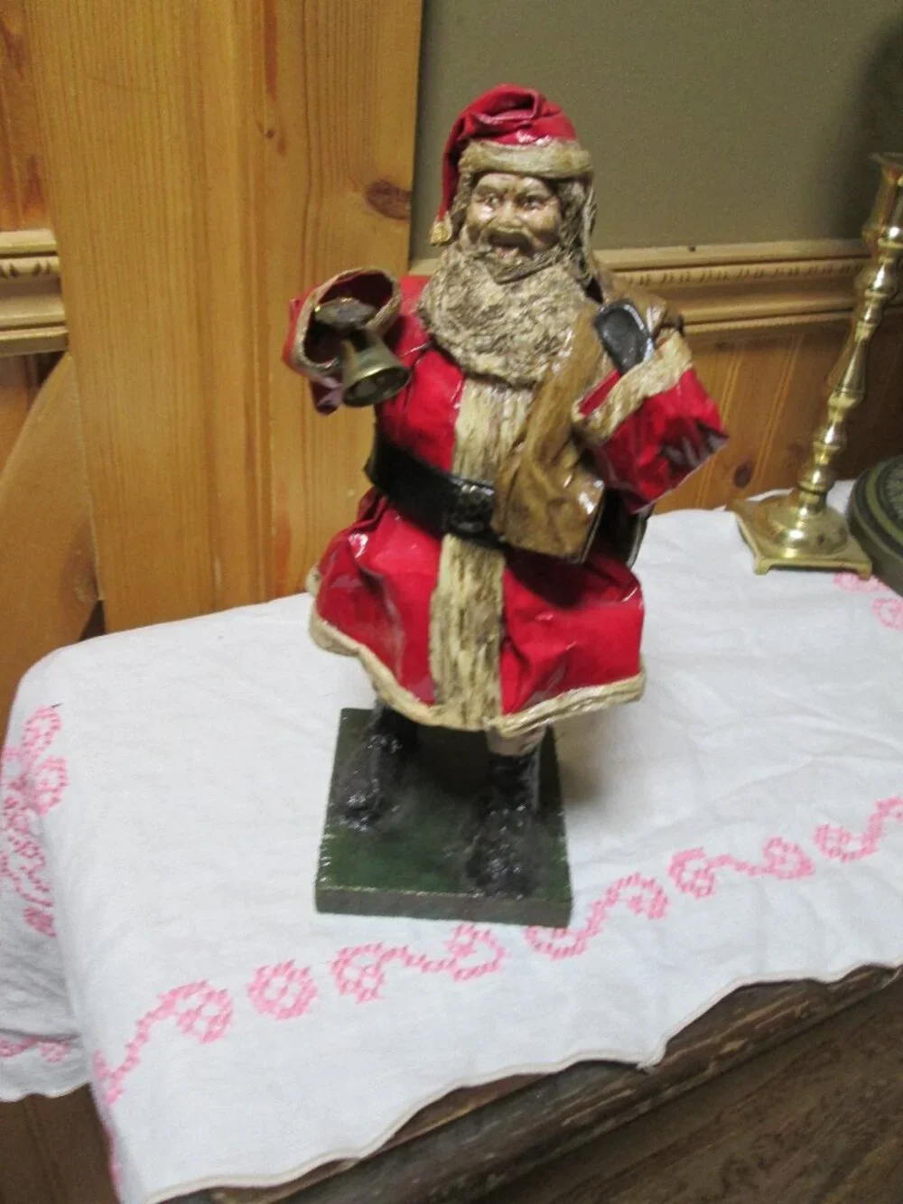 antique MCM folk lore Hand Painted Paper mache santa sack and bell on wood base
